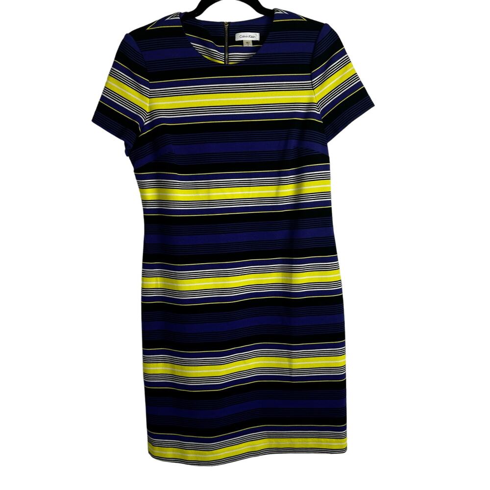 Calvin Klein Women's Stripes Shift Dress Blue Yellow Black Size 8 Above Knee